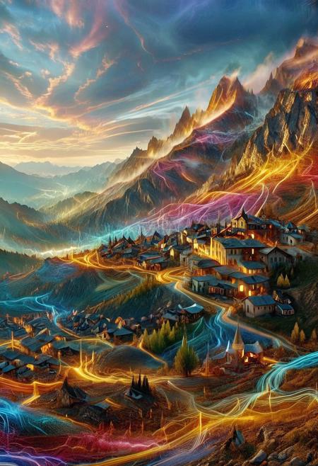 their peaks veiled in mist. mixed media, surrealism, great lighting, A surreal landscape highly detailed . extremely high-resolution details,  appears trapped in an optical illusion of reflections and refractions colorful , , lthndrtrl, mountains and village in Turkey, professional photography, natural lighting, volumetric lighting maximalist. intricately detailed, complex, elegant, expansive, fantastical, film photography style,  medium grain
