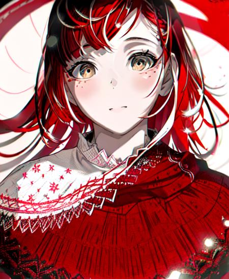 <lora:bv-style-v1:1>, masterpiece, detailed artwork, trending, red, red yarn, red string, white, snow, scarf, blizzard