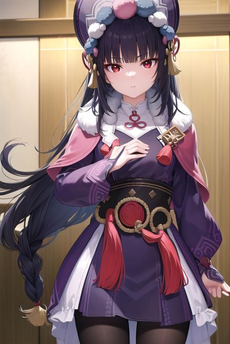 yunjin, <lora:yunjin-lora-nochekaiser:1>,
yun jin, black hair, blunt bangs, braid, eyeshadow, long hair, makeup, purple hair, (red eyes:1.5), red eyeshadow, (small breasts:1.2),
BREAK black footwear, boots, chinese clothes, fur trim, hat, knee boots, long sleeves, pantyhose, pom pom (clothes), purple pantyhose,
BREAK indoors, theater,
BREAK looking at viewer, (cowboy shot:1.5), upper body,
BREAK <lyco:GoodHands-beta2:1>, (masterpiece:1.2), best quality, high resolution, unity 8k wallpaper, (illustration:0.8), (beautiful detailed eyes:1.6), extremely detailed face, perfect lighting, extremely detailed CG, (perfect hands, perfect anatomy),