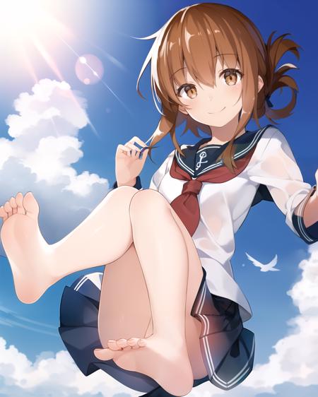 masterpiece, (best quality:1.4), photorealistic, best illustration, best shadow, (beautiful detailed:1.4), finely detailed, (dramatic light:0.6), HDR, ray-tracing, intricate details, 1girl, solo, full body, falling, blue sky, (midair), (inazuma:1.1) from kantai collection, short hair, brown hair, brown eyes, hair up, very long sidelocks,  smile, barefoot, white shirt, sailor collar, anchor symbol, skirt