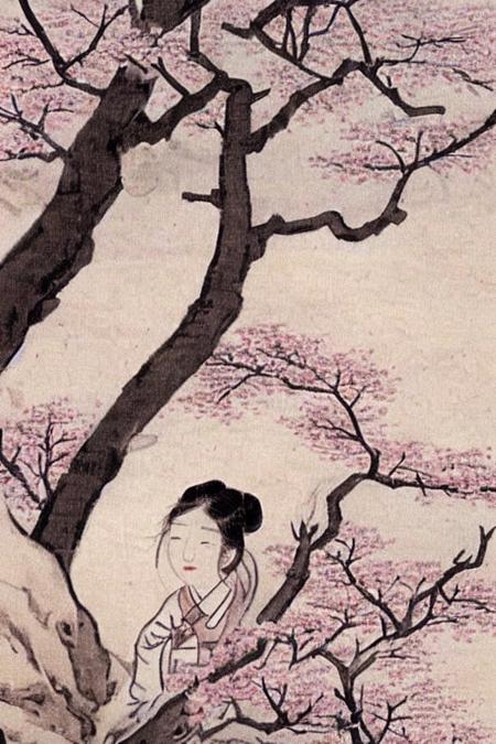 a portrait of a woman, under the tree, cherry blossom, flying petals, shinyunbok style <lora:shinyunbok:0.8>