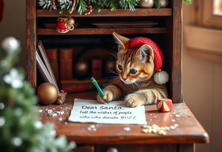 christmas style, in an old desk,  a liittle cat writting a letter with the text "Dear Santa. Fulfill all the wishes of people who donate BUZZ"