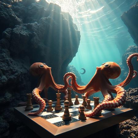a very detailed close picture of a n octopus playng chess with another octopus underwater near an intricate rock formation, sunlight pasing throw water, chess pieces on the  chess table