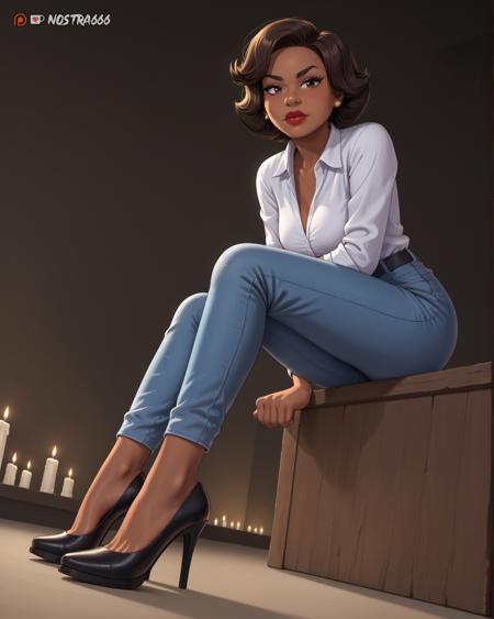 short hair, black hair, brown eyes, donna_tubbs, nostra666, black skinned woman, dark skinned woman, family guy, dark skin, dark-skinned female, lipstick, brown hair, makeup, white shirt, blue jeans, elegant shoes,