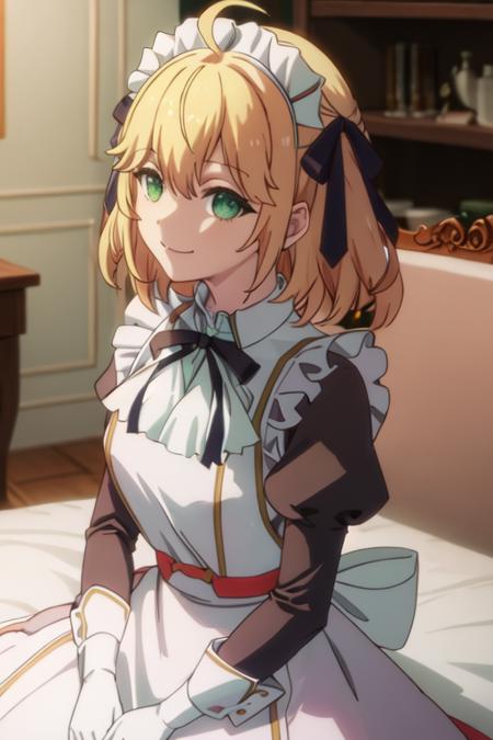 best quality, masterpiece, highres, solo, {maid:1.40}, {long maid dress:1.15}, {anisphia_wynn_palettia_tenseioujototensaireijounomahoukakumei:1.15}, blonde_hair, green_eyes, bangs, short_hair, ribbon, hair_ribbon, ahoge, hair_between_eyes, smile, black_ribbon, blurry