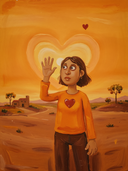 sunset, silhouette, woman, heart shape, hand gesture, warm colors, outdoor, dusk, sky, creative pose, backlit, soft focus, landscape, golden hour, tranquility, leisure activity, nature, serene, orange tones, casual attire
<lora:CLAYMATE_V2.03_:0.75> clay, 
<lora:LojkinXL:0.75> oil painting 
<lora:TQ_-_Oil_Painting_Style_XL:0.25> oil painting \(medium\)
<lora:dmd2_sdxl_4step_lora v1.0:1>