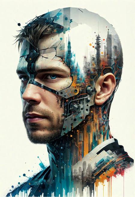 mysterious silhouette cyborg guy, by Minjae Lee, Carne Griffiths, Emily Kell, Geoffroy Thoorens, Aaron Horkey, Jordan Grimmer, Greg Rutkowski, inside of head showing electric diagrams, amazing depth, masterwork, surreal, geometric patterns, intricately detailed, bokeh, perfect balanced, deep fine borders, artistic photorealism , smooth, great masterwork by head of prompt engineering <lora:add-detail-xl:2> <lora:Double_Exposure:0.5>
 <lora:add-detail-xl:2>  <lora:Double_Exposure:0.5>
