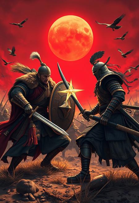 A star shines on the hour of our meeting. A full body picture of two warriors on the field of battle. One is a Mongolian Champion. He is armed with a sword and large shield and is engaged with a Samurai armed katana, wearing samurai armor. His head is covered with a samurai helmet. The scene is full of the energy of battle with many Mongolian warriors and Sasamurai warriors fighting all around them. There are buzzards in the sky the circle, waiting for their next meal to come. There is a blood red sky with a blazing sun beating down on the warriors.