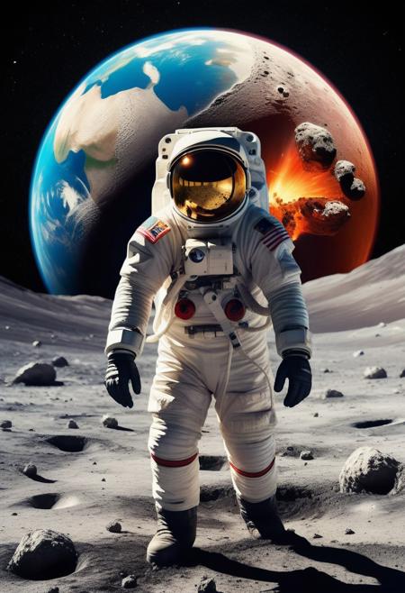 an astronaut standing on the surface of the moon back turned from the camera and looking at the earth disintegrating after getting hit by a planet-sized asteroid, epic photo, bright vivid colors, text that says "Well, Fuck!"