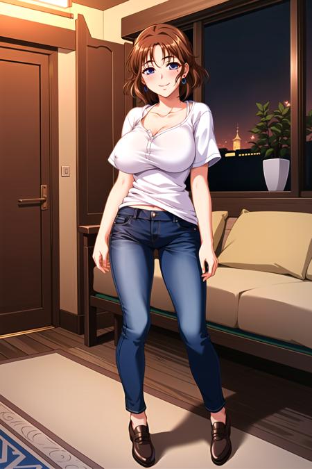 ((masterpiece)),((best quality)),ultra-detailed,illustration,night,indoors,1girl, solo, breasts, mole under eye, brown hair, mole, large breasts, mature female, jeans, blue eyes, pants, blush, short hair, shirt, denim, breast hold, smile, jewelry, purple eyes, earrings, taut clothes, t-shirt, looking at viewer, (groin),Beautiful Finger,Beautiful long legs,Beautiful body,Beautiful Nose,Beautiful character design,perfect eyes,perfect face,alluring,wallpaper,perfect lighting,Colorful,ultra highres,4K,shiny skin,photography,8K,HDR,highres,(beautiful face:1.5),(narrow waist),(full body:1.5), Kashima Aoi,<lora:Kashima Aoi:0.7>