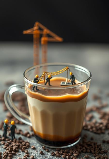 a realistic 4k photo of transparent plastic cup of full of coffee where miniature crowds of construction workers building hazel nut cream bridge