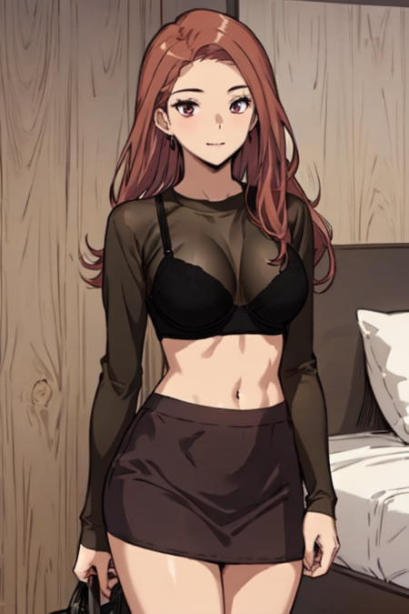 YoonjiMyRoom, 1girl, solo, long hair, miniskirt, large breasts, brown hair, shirt, long sleeves, navel, cleavage, brown eyes, red hair, midriff, black bra, see-through shirt, black shirt, purple skirt, 