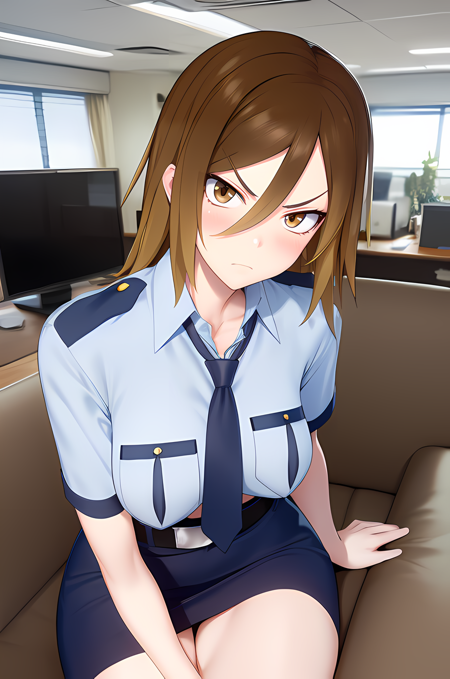 Date Makiko, tsurime, brown eyes, brown hair, two-tone hair, v-shaped_eyebrows, indoors, office interior, glaring, upper body, sitting, couch, Date Makiko, policewoman, police uniform, blue necktie, blue shirt, breast pocket, short sleeves, blue miniskirt, tsurime, brown eyes, brown hair, two-tone hair, belt, bare legs, v-shaped_eyebrows, blush, looking at viewer, tsundere