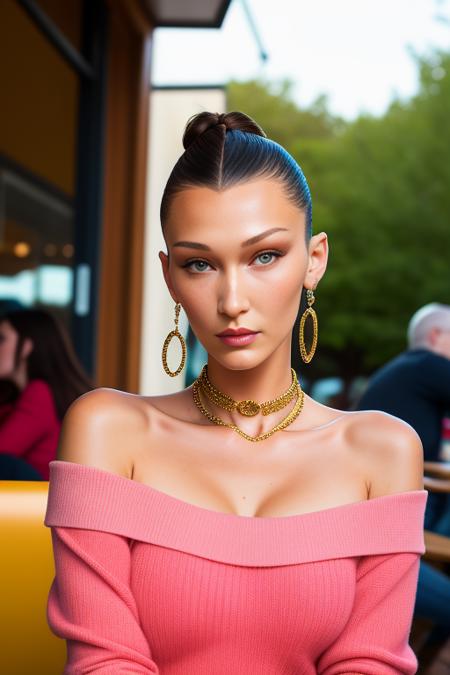 piercing eyes, looking straight, a 20 year old cute BellaHadid wearing an off-shoulder sweater, choker, closeup portrait, in a outdoor cafe in 2015, afternoon light,  <lora:BellaHadid:0.9>