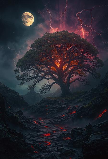 A moon-drenched valley filled with lava, a massive majestic tree grows beneath a dark lightning sky. Debree drift in the breeze, and the tree bursts with awesome power. Painterly, dramatic, Claude Monet, Alena Aenami.