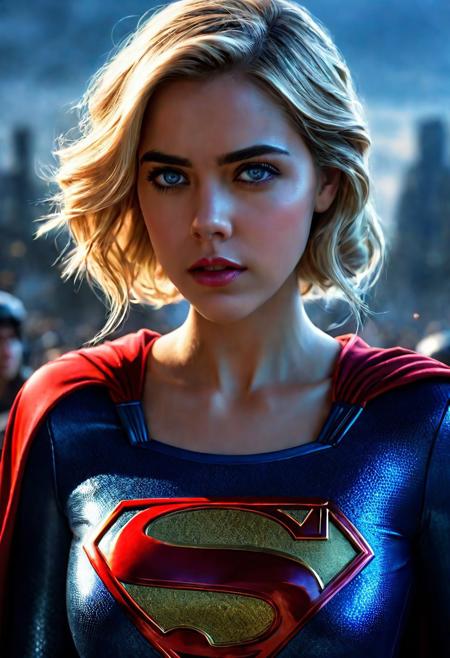 High resolution ultra-realistic of Beautiful Supergirl fighting against alien invasion, cinematic style, standing on a bloody and stormy battlefield in a fighting pose, bloody massacre, realistic blue combat costume, red mini skirt, red cape, perfect athletic figure, wavy blonde hair, handsome dirty bloody face, beautiful perfect detailed pupils, wet oily shiny skin, covered in dirty and blood, beautiful firm Breasts, defiant and seductive, attractive 21 year old Kiernan Shipka as Supergirl, 8k resolution concept art portrait by Greg Rutkowski, Dark Gotham City, Artgerm, WLOP, Alphonse Mucha, dynamic lighting, hyperdetailed, intricately detailed, Splash art trending on Artstation triadic colors, Unreal Engine, 5 volumetric lighting, Cinematic Lighting, intricate, smooth, sharp focus digital painting, Asymmetrical Balance, realistic eyes, ultra detailed atmospheric details, sparkle effects, realistic body proportions, beautiful body Supergirl proportions, complex masterpiece, dramatic atmosphere