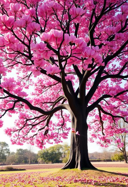 A majestic tree stands tall in the center of a serene landscape, its branches adorned with vibrant pink leaves shaped like delicate hearts. The soft breeze causes the heart-shaped leaves to flutter gently, creating a dreamy, romantic atmosphere. The tree’s sturdy trunk and gracefully extending branches contrast beautifully with the soft pink foliage. Sunlight filters through the canopy, casting a warm, rosy glow on the ground below. A few leaves drift through the air, adding to the enchanting and whimsical scene.