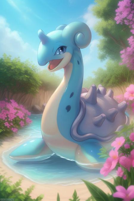 A happy cute, LaprasXL, Lapras, Pokémon, looking to the side, portrait, (solo:1.3), head focus, in a lush beach, surrounded by colourful flowers and vibrant plants, with a clear blue sky overhead. Adorable, heart warming, nature, cheerful, detailed, bright colours, friendly expression, shiny, eco-friendly, environmental, (good anatomy), summertime, sunlight, shadows, digital art, whimsical, playful, intricate details, high resolution, photorealistic, joyful, gentle, soft lighting, charming, outdoor setting, cartoonish style, enchanting, vivid, appealing, character design, imaginative, family-friendly, [photography, realistic, photorealistic, (8k), (highly detailed), cinematic lighting, intricate details, (high resolution), award-winning,   correct focus, realistic, realistic lighting, (highly detailed),  masterpiece], ((Cinematic Still-Shot))