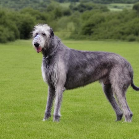 Photo of Irish_wolfhound, dog in an Irish farm field with sheep <lora:IWolf:1>