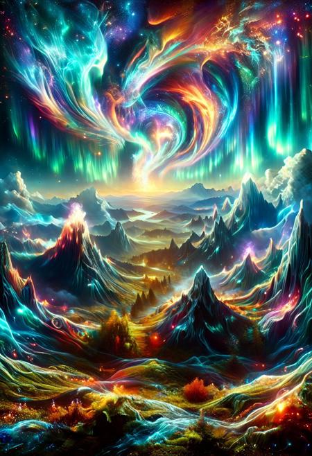 Within celestial confabulate recondite, Auroral maws wink gleams propheticWizened monolith prisms sigillary portcullis partedHolds agape Stygian umbra'd voidBetween egress worlds rebirthed...
Endarkening Erebian ebony and amber madrigalsCaress betwixt yawning nadir gulf's seamExtravagant eruptions thence disgorg'd Unsullied volcanic obsidian leviathansScalpel-scribed diademd peaks above empyreal firmamentsBurnished sierra masts jut skywardVeining pyromantic aureola stream...
Cimmerian undergrowth rank-weaves brackish mireDiseased frondage flanks effluviac coursesFrom throat-choked calderas gouts belcheMalachite exhalation sheathes amber valancesThat catch aphelon glare - albino celestial tearScatter-disseminated midst nacrein scintillationMoonbeam streaks elixir haze dousing world-without-endIntoxicating cumulus undulant aboveAutumnalia trees in velvet riotAutumnalia banners blown languid wiseZephyr tresses sunder eldritch ectoplasmHal lcy maelstrom alight pinwheel pirouette across nebulous miasma cloaked hills Contours etching gossamer traces silhouetting bygone tales As vapor serpentines amidst terrestrial vestigesTraces linger memories whispered betwixt realms Crosswise...
concept-art, adventure, fantasy, whimsy, dreaminess, digital, illustration, magic, 
beautiful, painterly, textural, artistic, aesthetic, 
intricate details, highly detailed, ultra-detailed, absurdres, vivid, vibrant, volumetric lighting, 
morph-aurora, 
aid291, midjourneyv6.1, ais-particlez