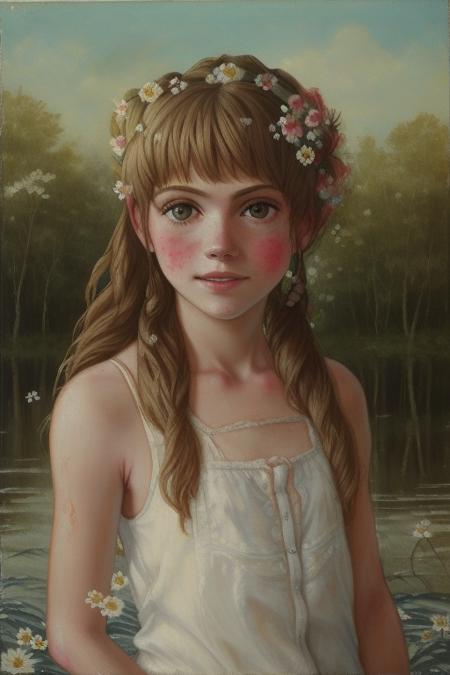 <lora:lostgirls:1>, lostgirls, a painting of a  teenage girl with flowers in her hair, water