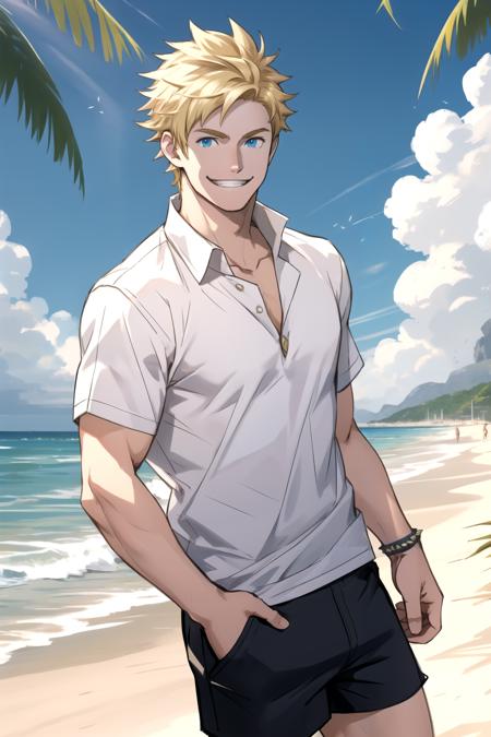 spark pokemon blue eyes, male focus, blonde hair, spiked hair