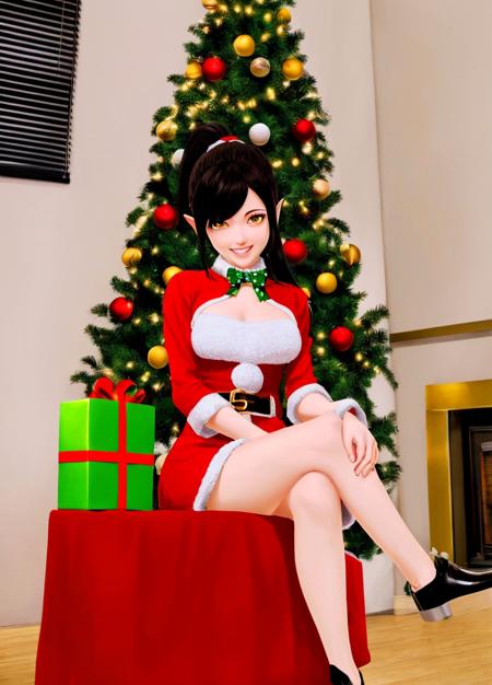 (( masterpiece, high quality, )) Harem_Hotel_Lin, 1girl, solo, long hair, black hair, medium breasts, yellow eyes, ponytail, pointy ears, sexy santa costume, living room, christmas tree, christmas ornaments, (smile,  happy, cheerful, detailed face) , <lora:Harem_Hotel_Lin-11:0.6>, (sitting, crossing legs)