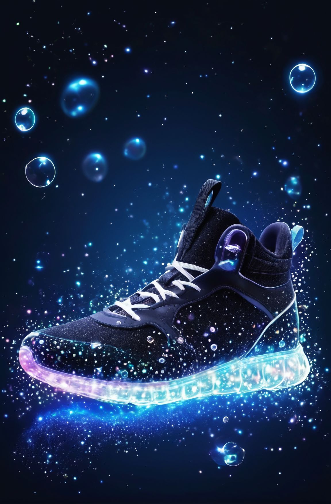 sneakers, bioluminescent, bright luminescence white light, made out of light beams, bubbles, particles, sparkles, glitch