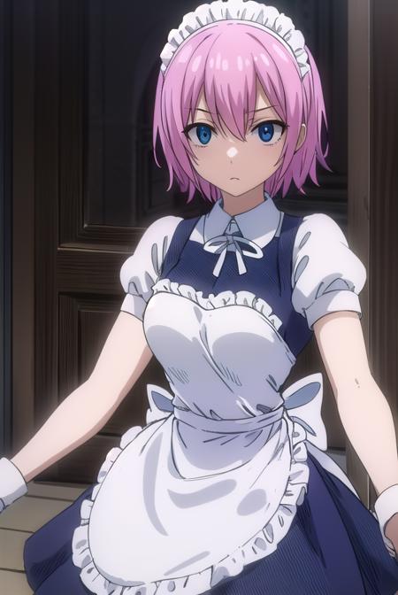 maid virgo, short hair, bangs, blue eyes, pink hair, thighhighs, dress, short sleeves, shoes, puffy sleeves, black footwear, apron, black dress, white thighhighs, puffy short sleeves, zettai ryouiki, maid, maid headdress, white apron, maid apron, cuffs, enmaided, handcuffs, eclipse virgo, short hair, bangs, blue eyes, pink hair, thighhighs, gloves, cleavage, pantyhose, boots, thigh boots, collar, jacket, black jacket, belt,