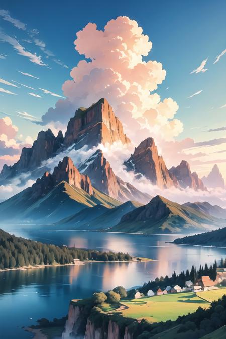 mountain, water, cloud,dreamscape,dream,landscape,<lora:DreamscapeIllustration:0.5>,