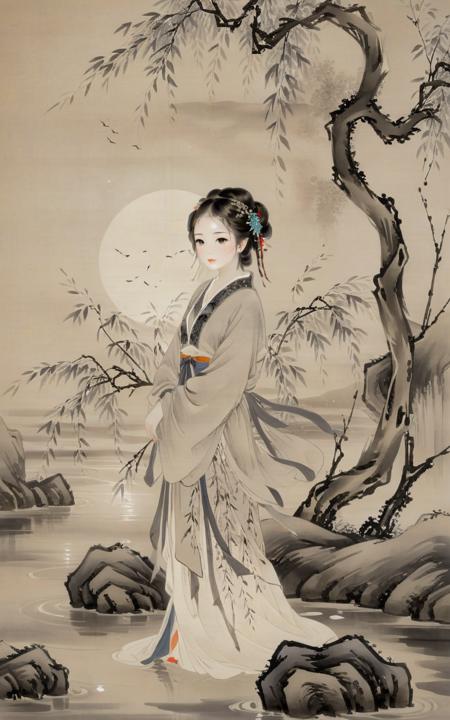 traditional chinese ink painting,willow branches,willow tree in background,wuchangshuo,black and white ink painting,
Best quality, 8k,cg,night,glowing,transparent,barefoot,1girl,standing_on_liquid,ripples,sparkler,dress,Formed by light,starry_background