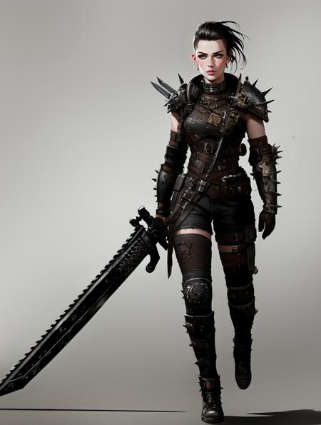 masterpiece, best quality, high quality, (realistic), detailed lips, detailed face, detailed eyes, 1girl, post apocalyptic, armor, spikes, punk, undercut, walking,  warhammer 40k, full body, sword, holding sword, chainsword, underhiver