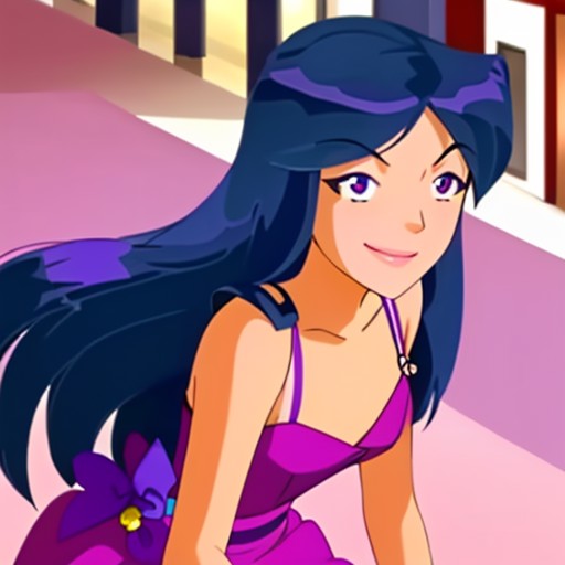 <lora:TotallySpies-18:1>, 1girl, long hair, blue hair, small breasts, purple eyes, smiling, frown, beautiful dress, in a m...