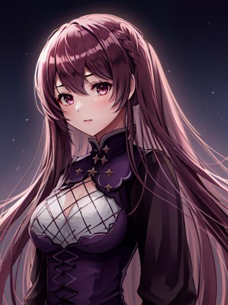 <lora:Severa_FE-10:0.8>, severa fe, ultra-detailed, 1girl, solo, breasts, medium breasts, upper body, (lo gothic, black and purple dress), (dim lighting:1.2), rim lighting, (lowkey:1.3)