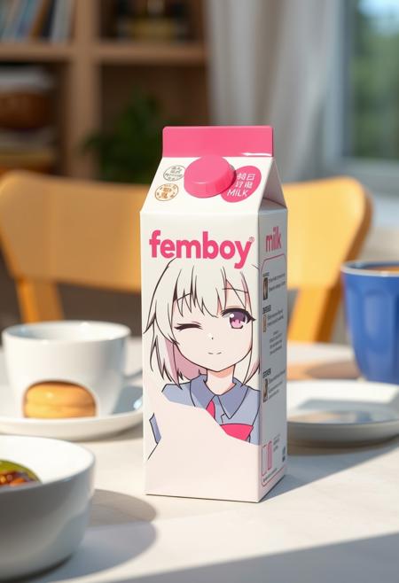 a milk box on a breakfast table. The milk is titled "femboy milk" with a anime girly guy character blinking her eye