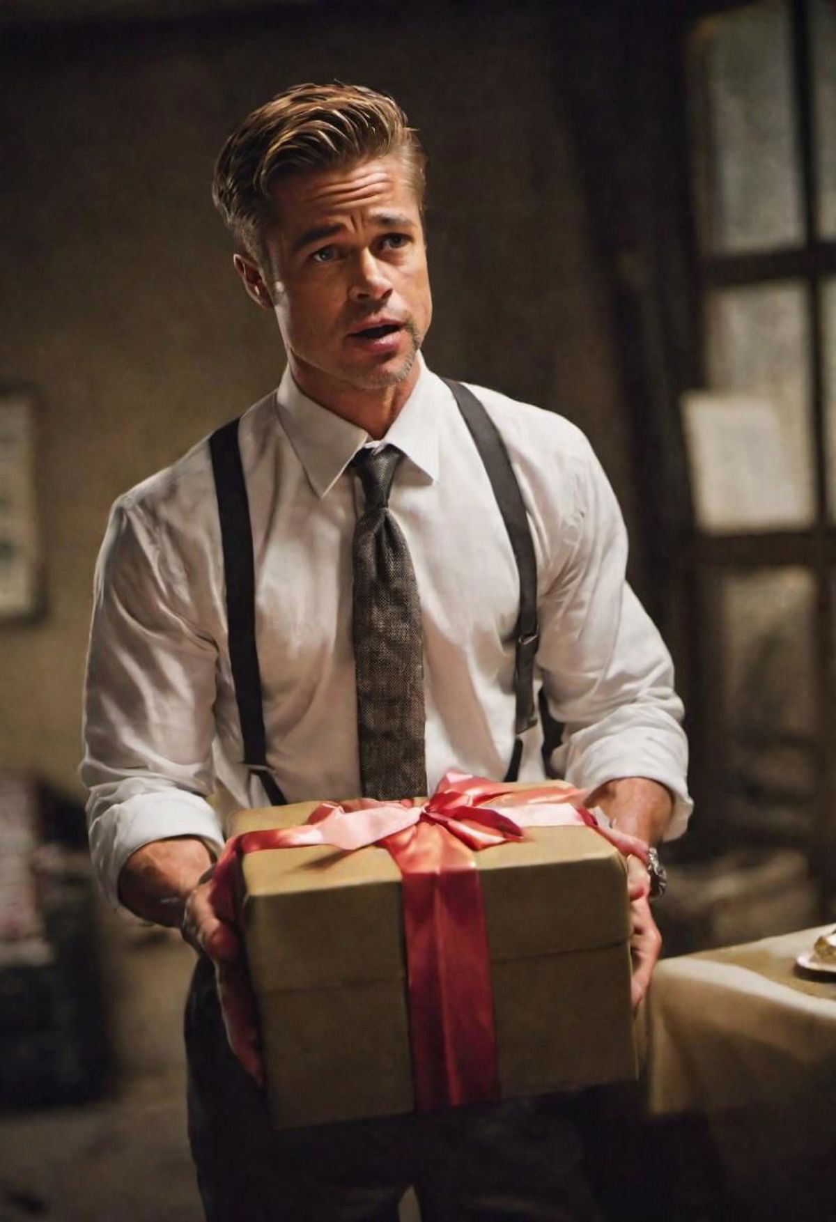 Man in a white shirt and tie holding a brown box with a red ribbon.