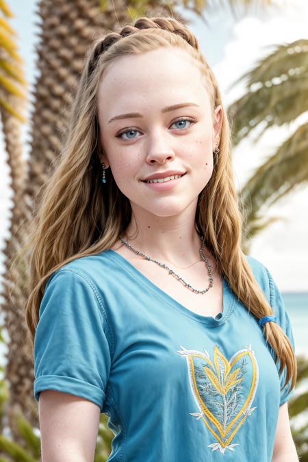 portrait photo of SashaNobodySD15 (smiling:1.2) braids beads beautiful woman teal tshirt beach palm trees depth of field bokeh bright morning light (masterpiece) (best quality) (detailed) (8k) (HDR) (wallpaper) (cinematic lighting) (sharp focus) (intricate)