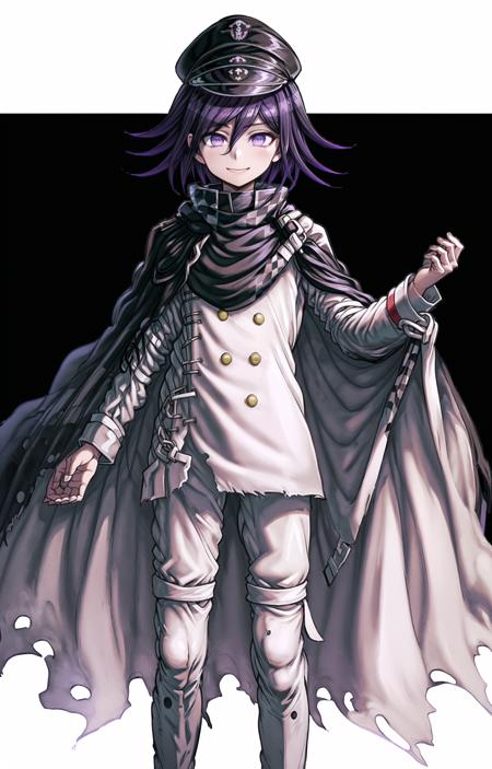 (masterpiece, top quality, best quality, official art, beautiful and aesthetic, picture-perfect:1.4), 1boy, solo, Kokichi, (looking at viewer, cowboy shot:1), (purple hair, purple colored hair, medium hair:1.2), (purple eyes, shining purple eyes, ringed eyes:1.3), [smile, closed mouth:1.2], [medium breasts, sexy:1], (Kokichi Attire, straitjacket, white jacket, white pants, buttons, checkered scarf, white clothes, torn cape, black cape, hat, military hat, black hat:1.4), (simple background:1.4), <lora:more_details:.5>, <lora:KokichiLora:.8>