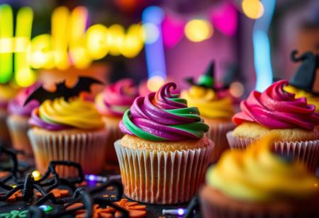 halloween colorful cupcakes in on the decorated table, 90mm lens close-up shot, neon lights on the background