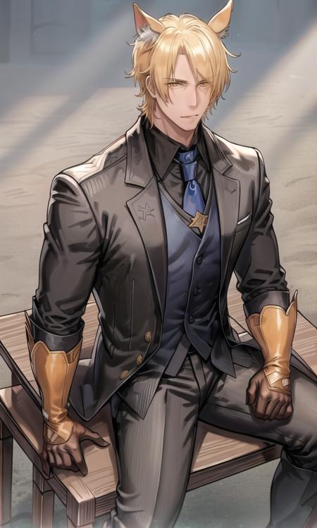 <lora:maenna:0.5>, 1boy, horse_ears, blonde_hair, ((orange and aqua eyes)), blue_necktie, muscular male,bishounen,cowboy_shot,dappled_sunlight,1man,(abs),(((masterpiece))),muscular male,(necktie),depth of field,dress shirt,long sleeves,boots,chair,(crossed_legs),((white gloves)),looking at viewer,male focus,mouth hold,(((sitting))),(open clothes),pleated pants,solo,(Eachcolorblockisclearlydistinguished:1.1),(god rays)