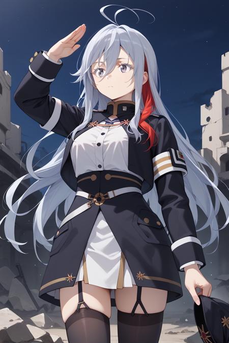 vladilenamilize, very long hair, grey eyes, hair between eyes, bangs, grey hair, ahoge, white eyelashes blue military uniform, garter straps, white thighhighs, high-waist skirt, shirt, long sleeves, cropped jacket, zettai ryouiki, peaked cap, black military uniform, garter straps, thighhighs, high-waist skirt, shirt, long sleeves, cropped jacket, zettai ryouiki, peaked cap, red hair, multicolored hair, streaked hair low-cut dress, black dress, head flower, choker, cleavage, hair ornament, elbow gloves, lipstick,  86bg, flower field, cloudy sky, petals, spider lily,, blue sky, blurry