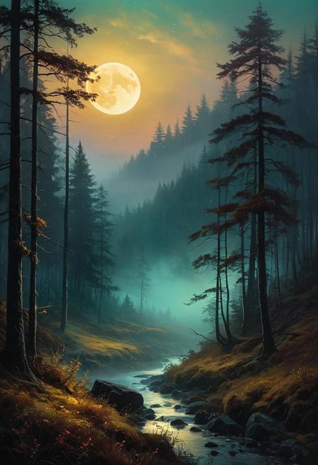 A glowing pastel-hued dreamscape, moody Tonalist landscape, deep earthy color palette, soft atmospheric brushstrokes, glowing moonlit scenes, mysterious and dreamlike composition, rich golden highlights and deep shadows, dense forests and misty horizons, impressionistic texture, serene yet haunting mood, ethereal and introspective atmosphere