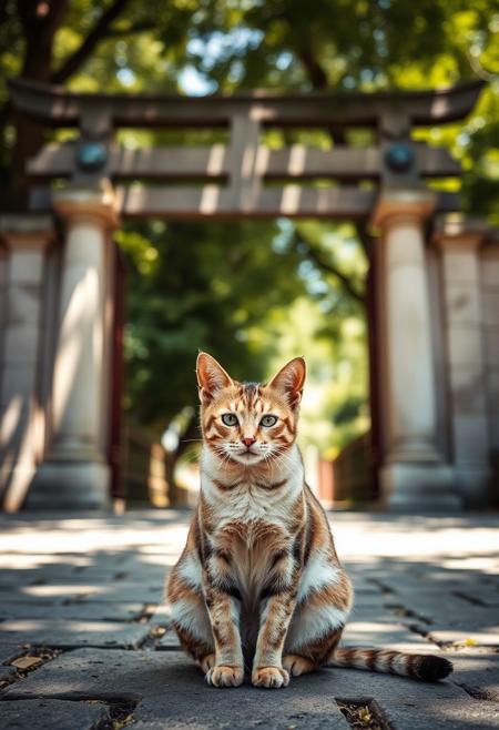 (Soft Lighting Photography by Mimoza Veliu and Mario Giacomelli:1.2), a cat sitting in front of tori gate, facing viewer, dappled sunlight