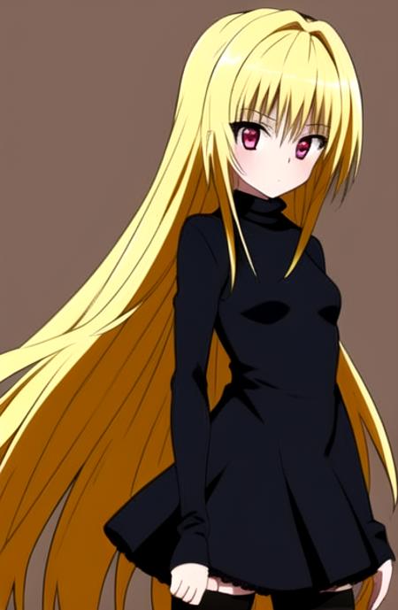 1girl, blond hair, pink eyes, very long hair, black dress, (solo:1.2),  <lora:eve-08v2:0.8>, long sleeve, ((masterpiece)), (best quality), eve, standing, looking a viewer,  OverallDetail, turtle neck, small breasts, (zettai ryÅiki:1.1), simple background, black stockings, sexy legs.