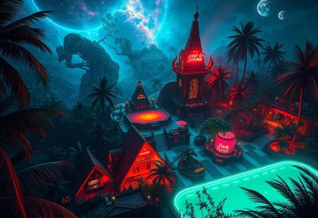 A nightclub in the middle of the jungle, view from above, in the style of an oil painting, scifi, cosmic, astral, ziggurat , neon spotlights, neon signs
