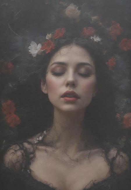 (Ophelia's dream:1.5), Masterpiece, highly detailed, super realistic, 1girl, beautiful face, close up, (eyes closed:1.2), serene expression, floating in water surrounded by flowers, Gothic, red and black lace, gothic make-up, black hair, Low saturation color photography, vintage, grunge, top light, masterful painting in the style of Anders Zorn | Marco Mazzoni | Yuri Ivanovich, Todd McFarlane, Aleksi Briclot, oil on canvas,