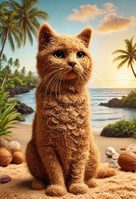 Movie scene, pamcocomat, a cat made out of coconut, in a beach, tropical beach, Hawaiian wear, sunset, detailed, DSLR