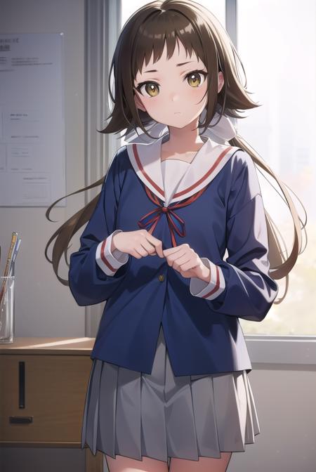 mashiromitsumine, <lyco:mashiromitsumine-lyco-nochekaiser:1>,
mashiro mitsumine, (brown eyes:1.5), brown hair, ponytail, (flat chest:1.2),
BREAK grey skirt, long sleeves, neck ribbon, red ribbon, ribbon, sailor collar, school uniform, skirt, white sailor collar, (blue shirt:1.5),
BREAK looking at viewer, full body,
BREAK indoors, classroom,
BREAK <lyco:GoodHands-beta2:1>, (masterpiece:1.2), best quality, high resolution, unity 8k wallpaper, (illustration:0.8), (beautiful detailed eyes:1.6), extremely detailed face, perfect lighting, extremely detailed CG, (perfect hands, perfect anatomy),