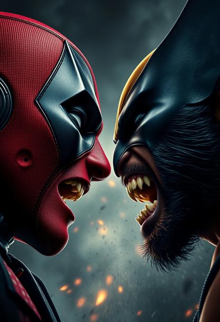 Deadpool and Wolverine screaming at each other, face closeup, chaos, apocalyptic, movie poster style, cinematic lighting