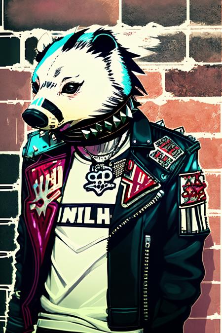 A rebellious badger with a studded leather jacket and a snarl, leans against a brick wall covered in graffiti, emanating a punk vibe of strength and determination:1.5, rebellious badger:1.2, studded leather jacket:1.2, snarl:1.1, leans against brick wall:1.1, graffiti:1.0, punk vibe:1.1, strength:1.0, determination:1.0. , anipunks